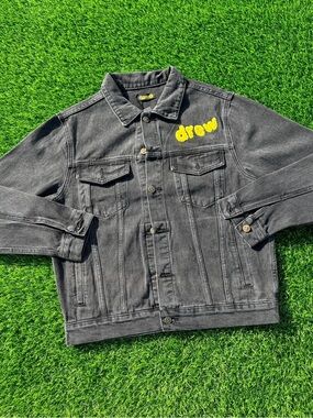 drew house Black Denim Jacket with Yellow Logo Patch